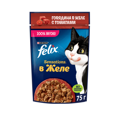 Влажный корм FELIX® Sensations для взрослых кошек, с говядиной в желе с томатами, 75 г