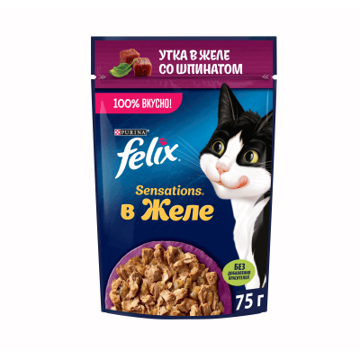 Влажный корм FELIX® Sensations для взрослых кошек, с уткой в желе со шпинатом, 75 г