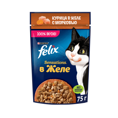Влажный корм FELIX® Sensations для взрослых кошек, с курицей в желе с морковью, 75 г