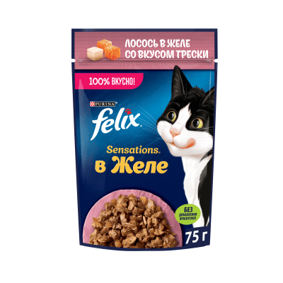 Влажный корм FELIX® Sensations для взрослых кошек, с лососем в желе с добавлением трески, 75 г