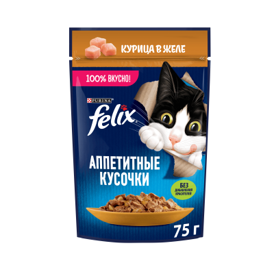 Влажный корм FELIX® Аппетитные Кусочки для взрослых кошек, с курицей в желе, 75 г