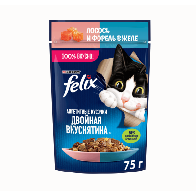 Влажный корм FELIX® Аппетитные Кусочки, Двойная Вкуснятина для взрослых кошек, с лососем и форелью, в желе, 75 г