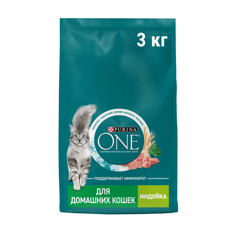 Сухой корм Purina ONE® для взрослых кошек, живущих в домашних условиях, с высоким содержанием индейки и цельными злаками, Пакет, 3 кг