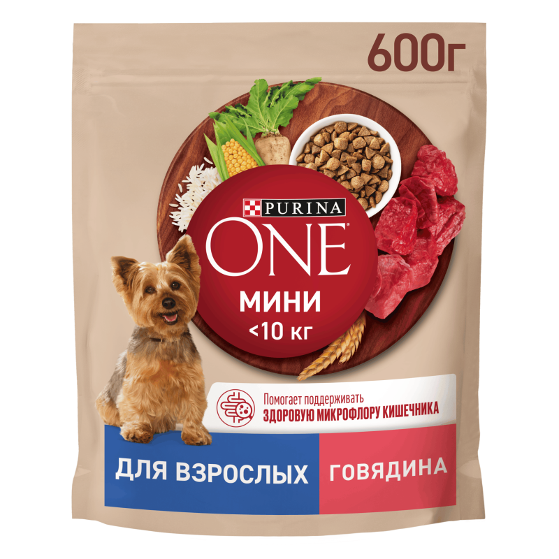 Сухой корм Purina ONE® для взрослых собак мелких и карликовых пород, с высоким содержанием говядины и с рисом, Пакет, 600 г