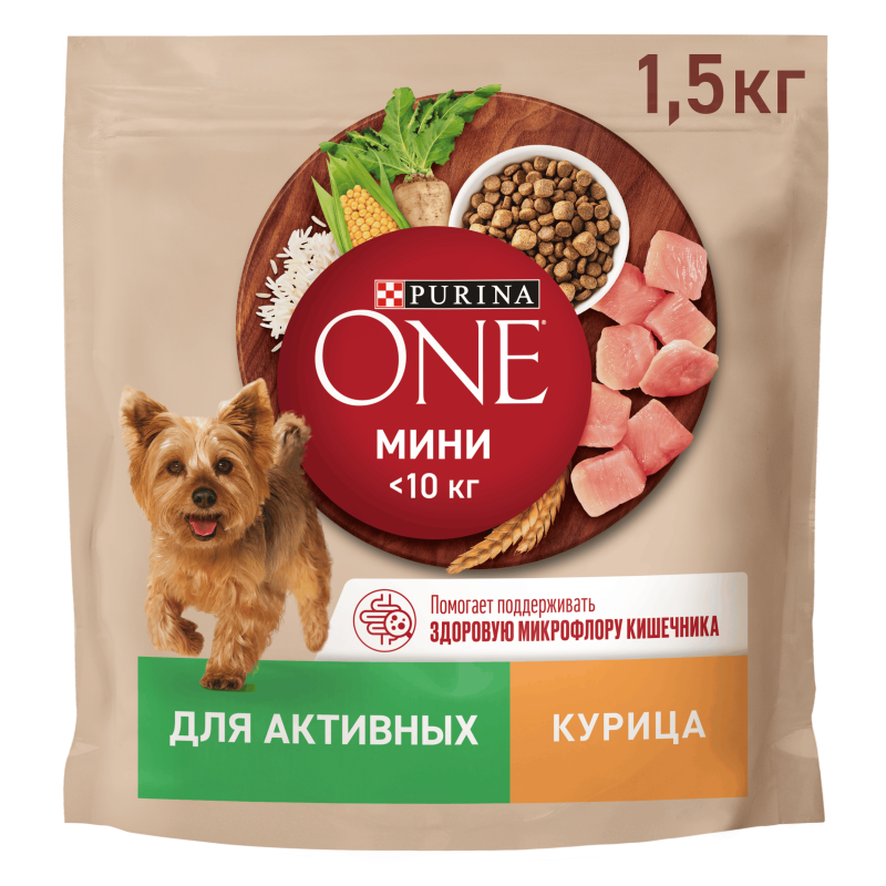 Сухой корм Purina ONE МИНИ Активная для собак мелких пород с курицей и рисом 1.5кг