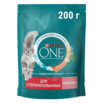 Сухой корм Purina ONE® для стерилизованных кошек и кастрированных котов, с высоким содержанием лосося и пшеницей, Пакет, 200 г