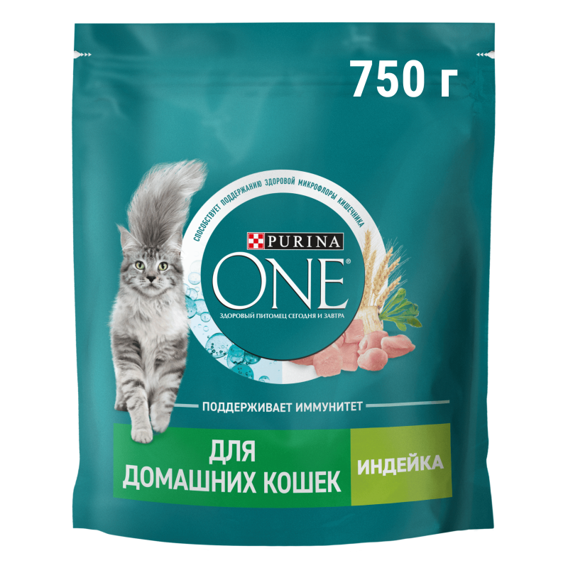 Сухой корм Purina ONE® для взрослых кошек, живущих в домашних условиях, с высоким содержанием индейки и цельными злаками, Пакет, 750 г