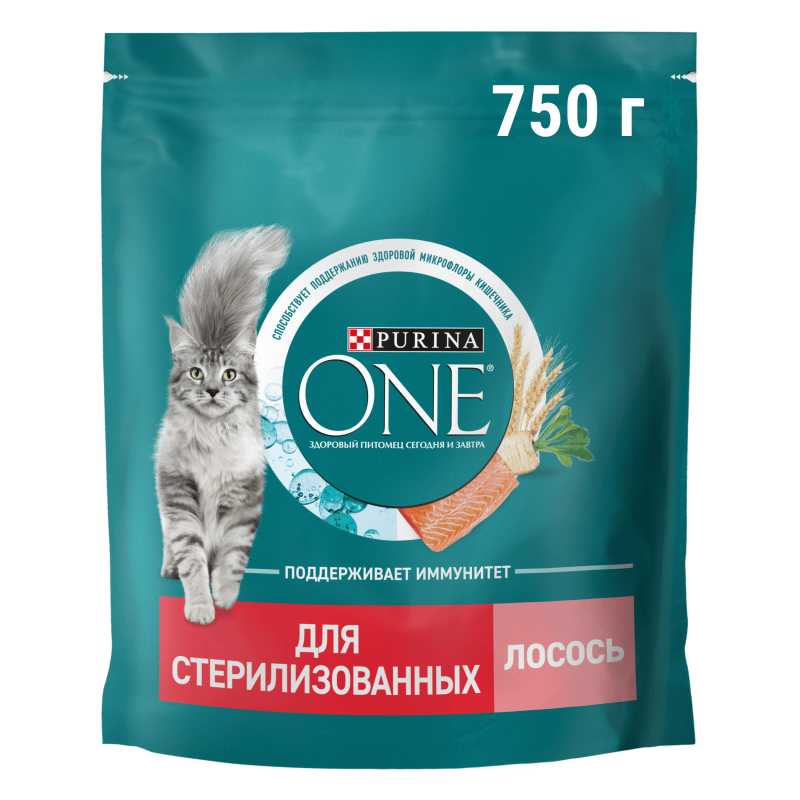 Сухой корм Purina ONE® для стерилизованных кошек и кастрированных котов, с высоким содержанием лосося и пшеницей, Пакет, 750 г