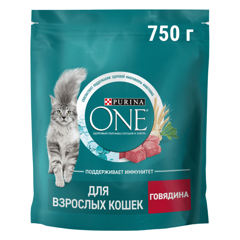 Сухой корм Purina ONE® для взрослых кошек, с высоким содержанием говядины и цельными злаками, Пакет, 750 г