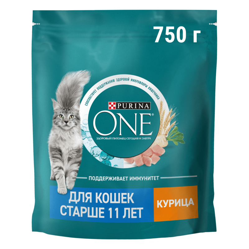 Сухой корм Purina ONE® для кошек старше 11 лет, с высоким содержанием курицы и цельными злаками, Пакет, 750 г