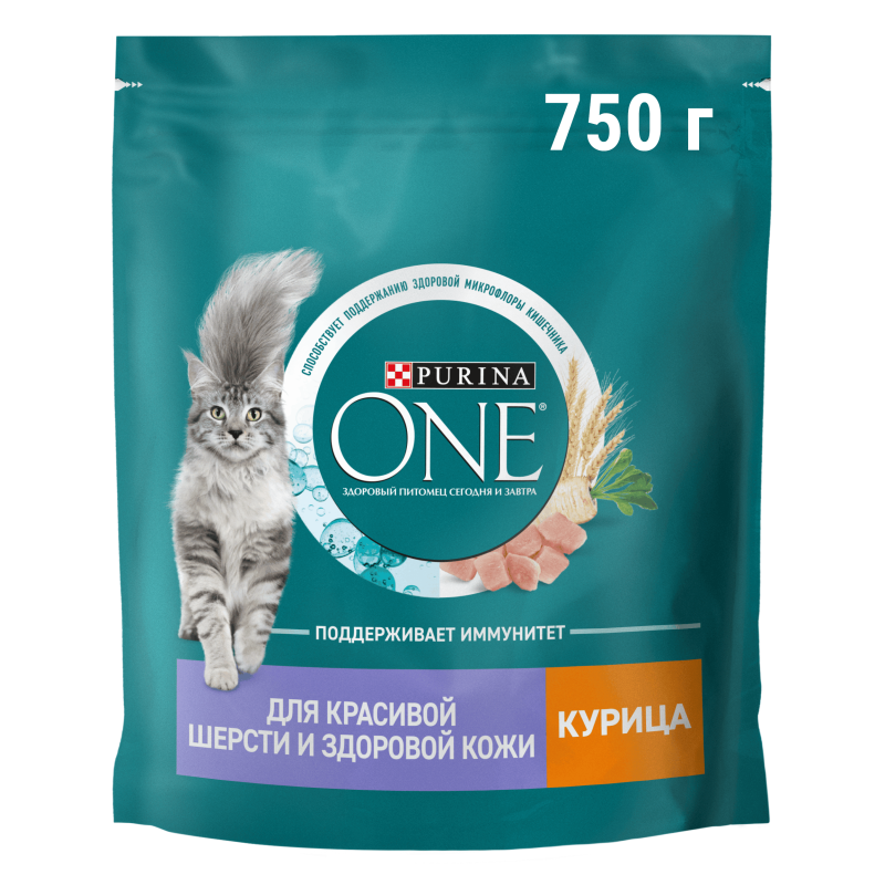 Сухой корм Purina ONE® для взрослых кошек для красивой шерсти, здоровой кожи и контроля образования волосяных комков, с высоким содержанием курицы и цельными злаками, Пакет,750 г