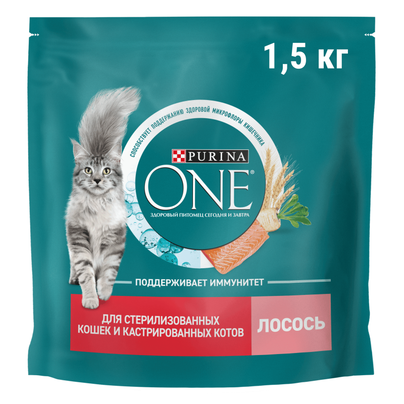 Сухой корм Purina ONE® для стерилизованных кошек и кастрированных котов, с высоким содержанием лосося и пшеницей, Пакет, 1,5 кг