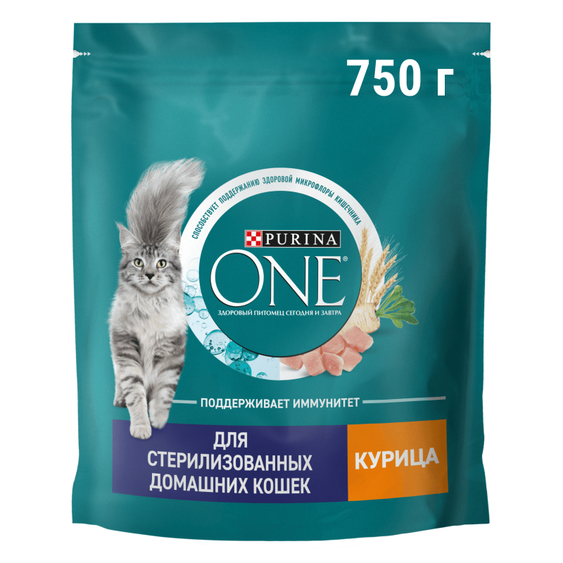 Сухой корм Purina ONE® для стерилизованных кошек и кастрированных котов, живущих в домашних условиях, с высоким содержанием курицы и цельными злаками, Пакет, 750 г