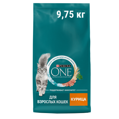 Сухой корм Purina ONE® полнорационный для взрослых кошек, с высоким содержанием курицы, 9,75 кг