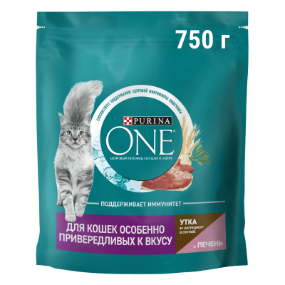 Сухой корм Purina ONE® полнорационный для кошек особенно привередливых к вкусу с высоким содержанием утки и c печенью, 750 г