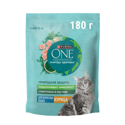 Сухой корм Purina ONE® Природа Здоровья® для взрослых кошек со спирулиной, с высоким содержанием курицы,  180 г
