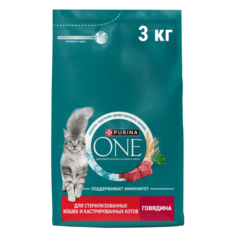 Сухой корм Purina ONE® для стерилизованных кошек и кастрированных котов, с высоким содержанием говядины и пшеницей, Пакет, 3 кг