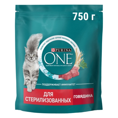 Сухой корм Purina ONE® для стерилизованных кошек и кастрированных котов, с высоким содержанием говядины и пшеницей, Пакет, 750 г