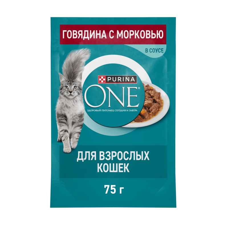 Влажный корм Purina ONE для взрослых кошек, с говядиной и морковью, пауч, 75г