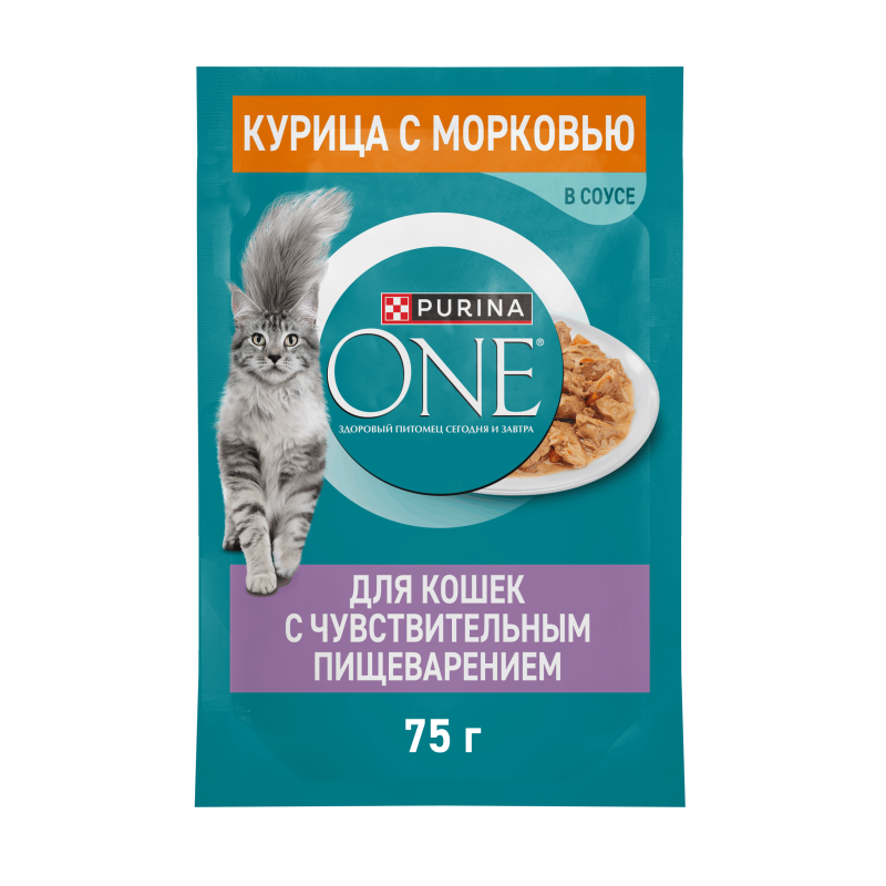 Влажный корм Purina ONE для кошек с чувствительным пищеварением, с курицей и морковью, пауч, 75г