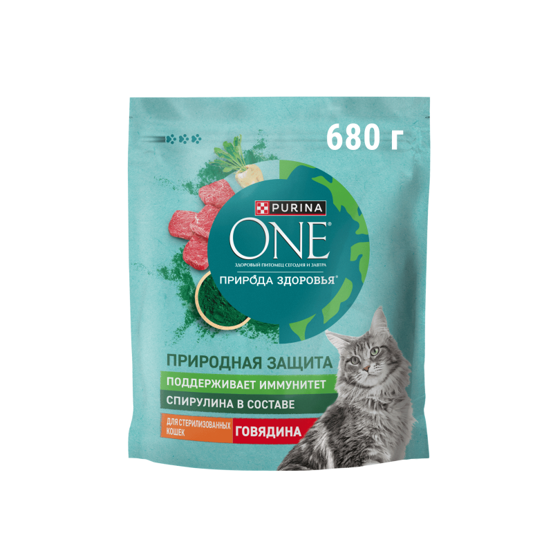 Сухой корм Purina ONE® Природа Здоровья® для стерилизованных кошек и кастрированных котов, с высоким содержанием говядины, 680 г