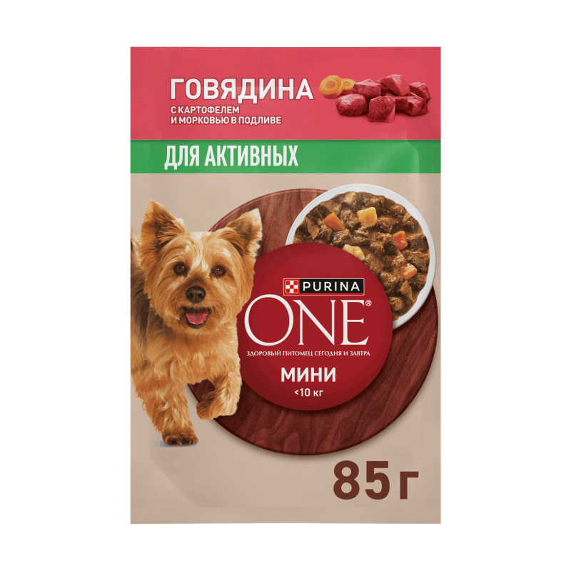 Влажный корм Purina ONE® МИНИ для взрослых собак мелких и карликовых пород с активным образом жизни, с говядиной, картофелем и морковью в подливе, 85 г