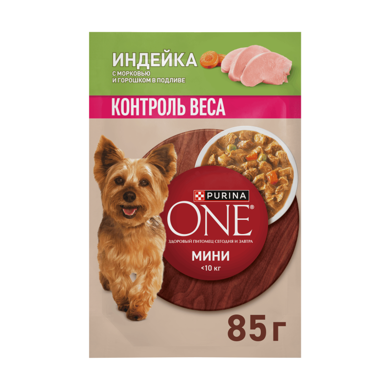 Влажный корм Purina ONE® МИНИ для взрослых собак мелких и карликовых пород с низкой физической активностью или стерилизованных, с индейкой, морковью и горошком в подливе, 85 г