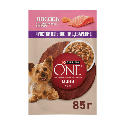 Влажный корм Purina ONE® МИНИ для взрослых собак мелких и карликовых пород с чувствительным пищеварением, с лососем, рисом и морковью в подливе, 85 г