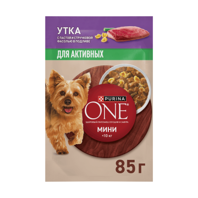 Влажный корм Purina ONE® МИНИ для взрослых собак мелких и карликовых пород с активным образом жизни, с уткой, пастой и стручковой фасолью в подливе, 85 г