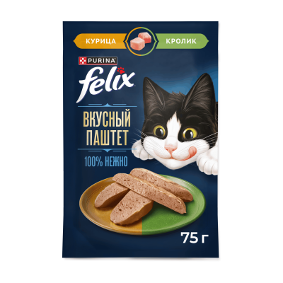Влажный корм FELIX® Вкусный паштет для взрослых кошек, со вкусом курицы и кролика, 75г