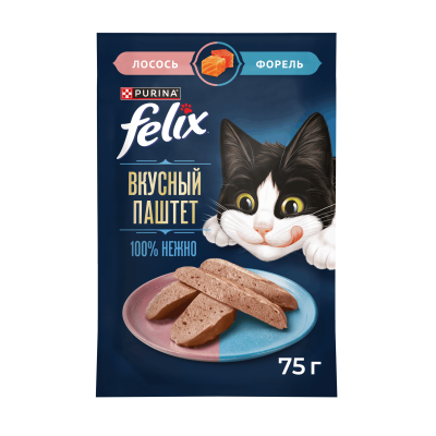 Влажный корм FELIX® Вкусный паштет для взрослых кошек, со вкусом лосося и форели, 75г