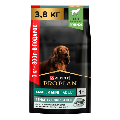 Сухой корм PRO PLAN® SENSITIVE DIGESTION для взрослых собак мелких и карликовых пород с чувствительным пищеварением, с высоким содержанием ягненка, 3 кг + 800 г в подарок