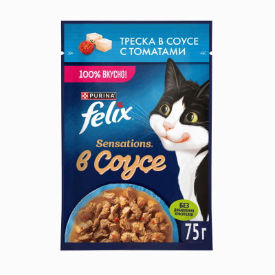 Влажный корм FELIX® Sensations для взрослых кошек, с треской в соусе с томатами, 75 г