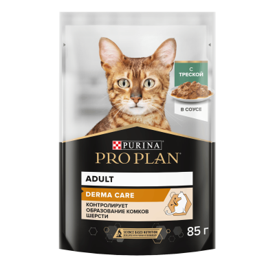 Влажный корм PRO PLAN® DERMA CARE для взрослых кошек для здоровья кожи и красоты шерсти, с треской в соусе, 85г x 26 шт.