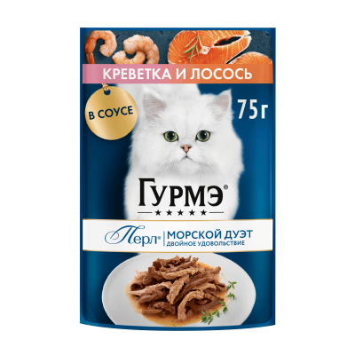 Влажный корм Гурмэ® Перл® Морской Дуэт для кошек, со вкусом креветки и лосося, нежное филе в соусе, Пауч, 75 г