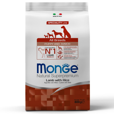 Сухой корм Monge Dog Speciality Line Puppy&Junior для щенков всех пород, из ягненка с рисом 800 г