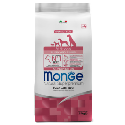 Сухой корм Monge Dog Speciality Line Monoprotein Puppy & Junior для щенков всех пород, из говядины с рисом 2,5 кг